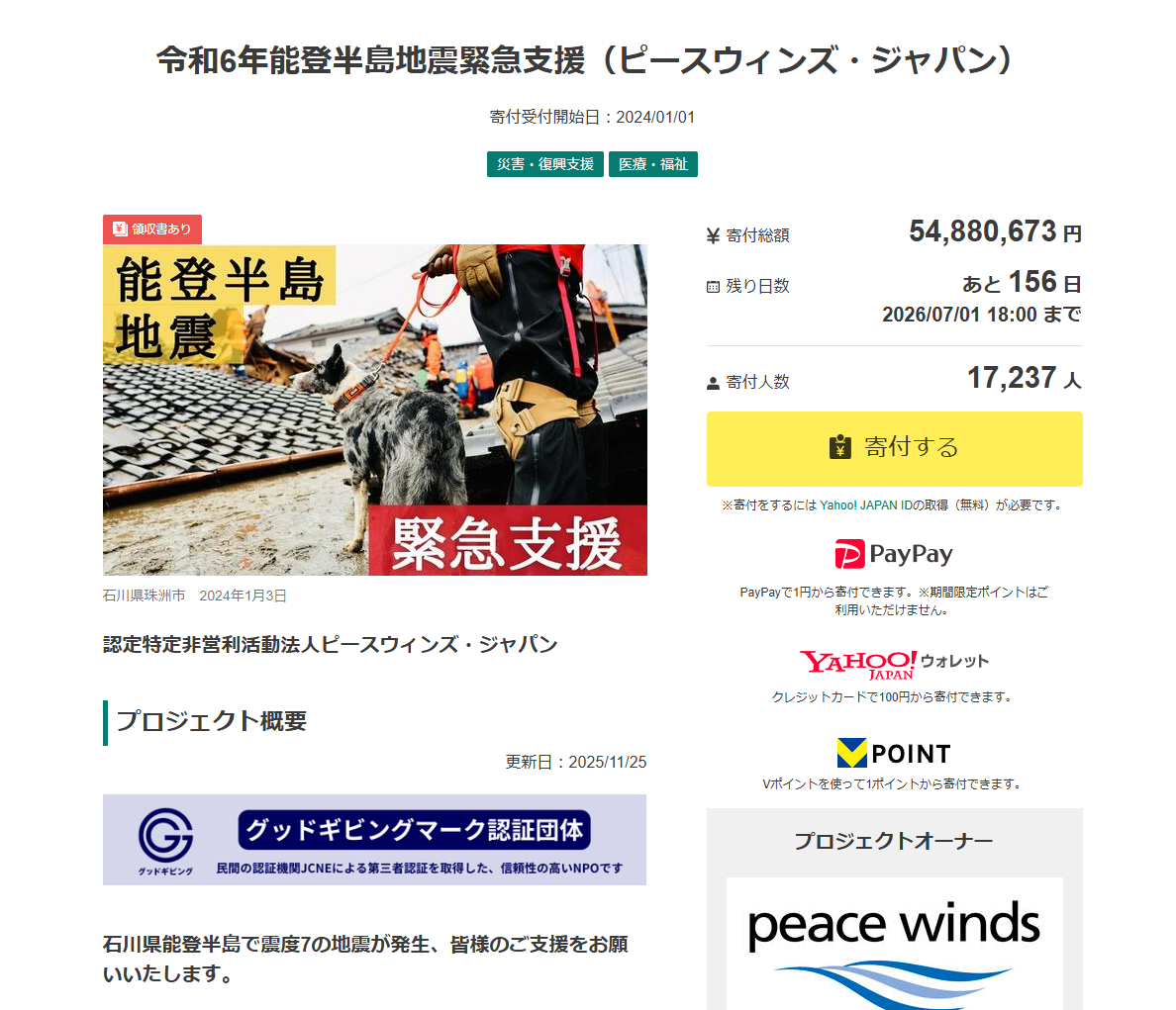 ピースウィンズ・ジャパン 寄付ページ